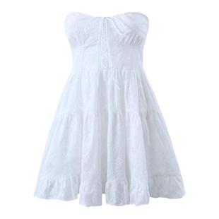 2023夏度假棉麻刺绣露背收腰气质显瘦抹胸甜美A字裙连衣裙短裙女