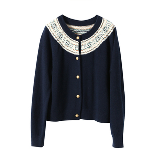 淘么淘【明星同款】复古费尔岛提花山羊绒羊毛针织开衫女短款毛衣