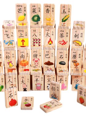 儿童认字数字汉字积木3-6周岁宝宝5-7岁早教益智识字拼装木制玩具