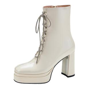 新款方头漆皮系带马丁靴女2025秋冬真皮防水台厚底高跟短靴女粗跟