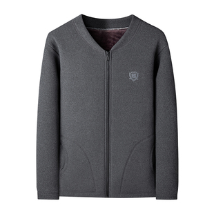 冬季中老年男士长袖加绒加厚保暖内衣套装纯色爸爸装开衫棉袄拉链