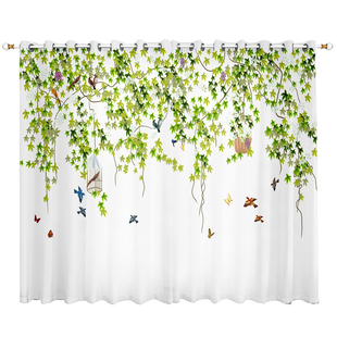 北欧ins田园风绿色窗帘风景画小清新绿植客厅阳台透光不透人纱帘