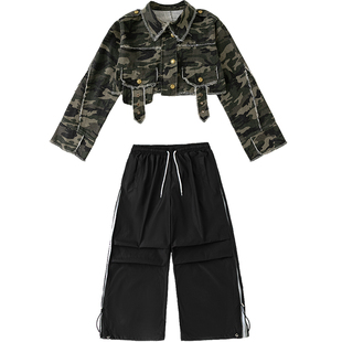 少儿爵士舞服装女童潮酷迷彩上衣jazz舞台走秀服街舞现代舞演出服