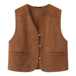 拉夏贝尔/La Chapelle复古叠穿麂皮绒马甲外套女v领百搭背心上衣