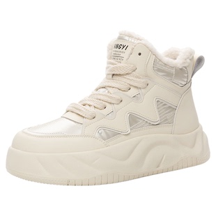 真皮大码女鞋41-43厚底雪地靴2025冬季新款百搭高帮休闲白色棉鞋