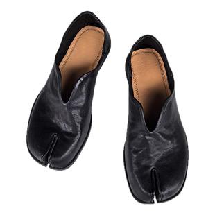 早秋季单鞋男女同款分趾鞋tabi真皮复古猪蹄鞋水洗马皮乐福鞋两穿