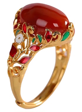 S925纯银南红玛瑙复古花纹戒指