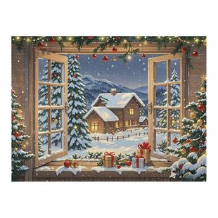 圣诞雪景窗户背景布节日氛围装扮挂布房间客厅墙壁遮丑布直播画布