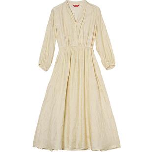 EXCEPTION例外女装苎麻混纺长裙优雅时尚V领收腰显瘦七分袖连衣裙