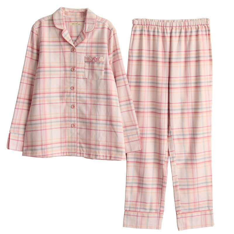 蔓秋 ME JU 日系秋冬女士纯棉绒布格子长袖翻领家居服睡衣两件套