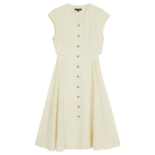 【柔润醋酸】YINER音儿女装夏季法式优雅V领小盖袖鹅黄连衣裙