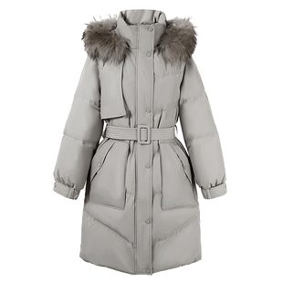 秋水伊人中长款毛领羽绒服女2025冬季新款鸭绒灰色外套女款大衣