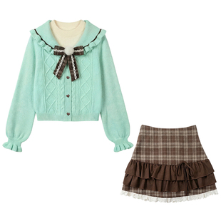 织物猪 薄荷奶咖 甜美学院风假两件毛衣女早春可爱撞色长袖针织衫