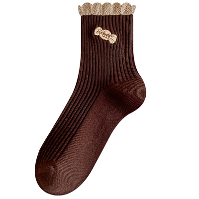 袜子女款棉袜中筒袜秋冬季女生堆堆日系花边可爱春秋款刺绣长袜潮