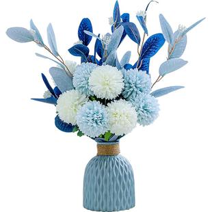 地中海简美桌面陶瓷花瓶蓝白色仿真花艺尤加利桉树叶绣球套装摆件