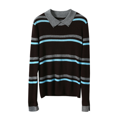 淘么淘 吸睛养眼 撞色条纹竖坑条修身爱心扣翻领羊毛打底针织衫女