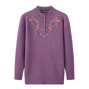 妈妈装冬季新款绣花半高领加厚一体绒毛衣中老年女装套头保暖衣服