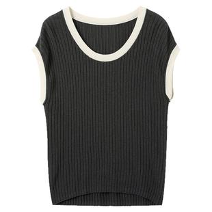 ibudu2025夏季新款撞色圆领短袖针织衫坑条毛衫套头女