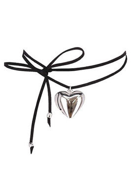 黑绳蝴蝶结系带金属大爱心项链女