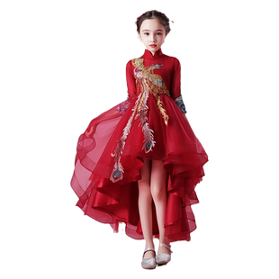 女童晚礼服中国风花童公主裙儿童走秀高端主持演出服红色拖尾高级