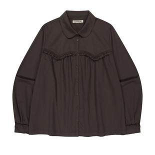 eihey诶嘿复古日系春季木耳边拼接娃娃领显瘦百搭长袖衬衫上衣女