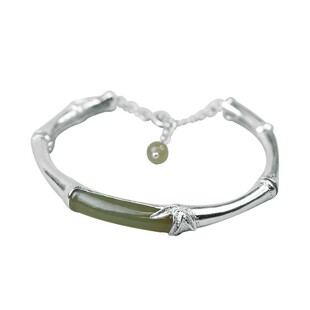 复古中民国风镀925纯银竹节镶嵌合成玉白玉青玉碧玉女士手镯饰品