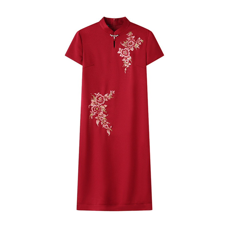 红色刺绣改良旗袍修身结婚礼服女
