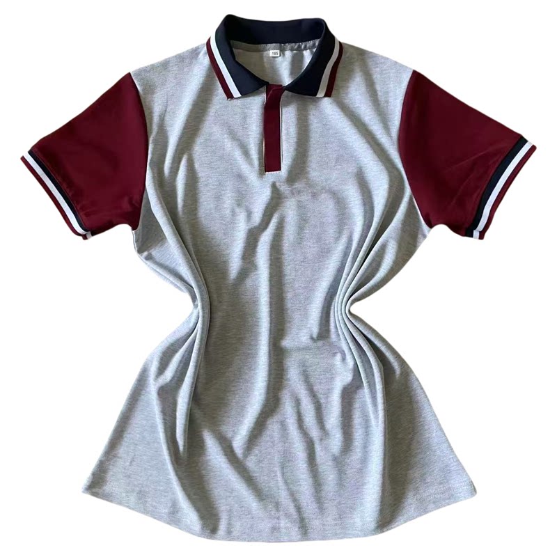 夏季学生校服酒红拼色POLO衫