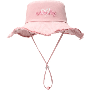 畹町韩系毛边渔夫帽女甜美爱心字母贴布登山帽子系绳大檐遮阳盆帽
