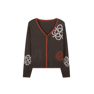 一城画一新款文艺范撞色提花V领修身毛织衫短款毛衫外套