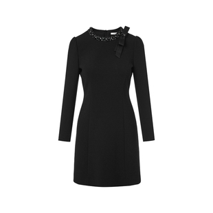 莱茵商场同款小香风领口钉珠蝴蝶结黑色长袖连衣裙女2025秋冬新款