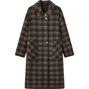 爱居兔全羊毛大衣女冬季新款高级感宽松格纹长款双面呢大衣