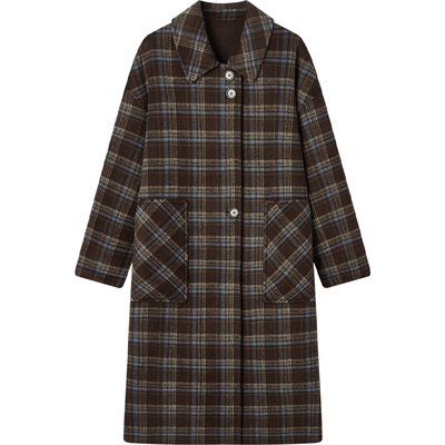 爱居兔全羊毛大衣女冬季新款高级感宽松格纹长款双面呢大衣