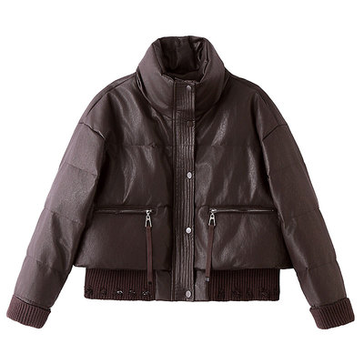 2025新款PU皮针织拼接女羽绒服