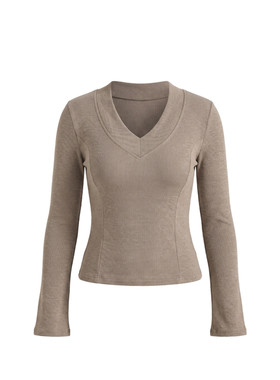 千朔秋冬双面磨毛深V领长袖T恤女