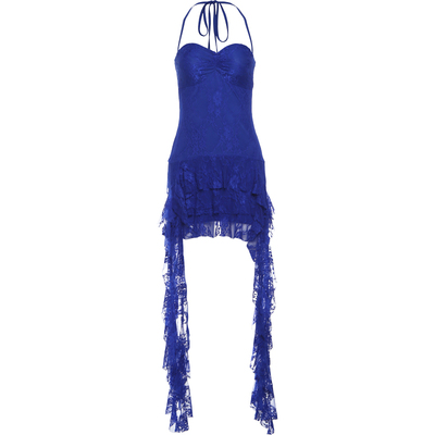 辣妹风克莱因蓝挂脖无袖连衣裙