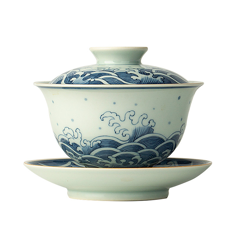 三勤堂青花手绘海水纹茶具套组