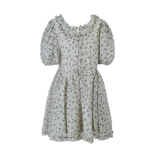 aaaaxbbb 马维卡什湖 碎花短袖连衣裙V领泡泡袖高腰天丝短裙夏季