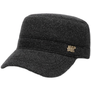 JEEP吉普平顶帽秋冬帽子男士护耳毛呢帽冬天户外保暖帽爸爸鸭舌帽