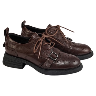 fed复古小皮鞋秋季新款女鞋粗跟单鞋真皮布洛克鞋女S0815-ZCA517