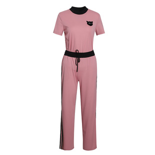 2022夏季新款女装气质粉色短袖t恤上衣阔腿裤两件套休闲时尚套装