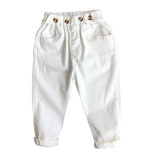 男童纯棉牛仔裤2025秋冬加绒男孩黑白色宽松裤男女童萝卜裤老爹裤