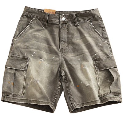 工装短裤男泼墨破洞口袋复古中裤