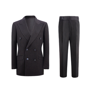【黄金线戗驳领双排扣套装】平圆方中重磅商务条纹西装男士套装