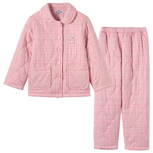 美标三层加厚夹棉纯棉睡衣套装男女童秋冬大童儿童全棉格子家居服