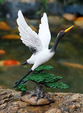 户外庭院假山流水鱼池装饰仙鹤摆件丹顶鹤雕塑水池喷泉造景景观