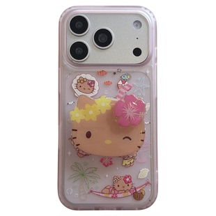 卡通夏日冲浪黑皮kt猫粘贴支架适用苹果iPhone171615ProMax手机壳15pro肤感16pro双层14pro新款防摔保护套