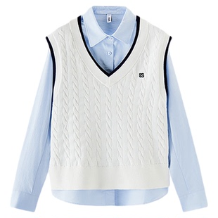 森马长袖衬衫女春季肌理衬衣V领绞花背心2026新款商场同款两件套