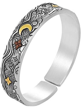 银千造 月落星河足银999实心开口手工银手镯非遗镶金银镯子送女友