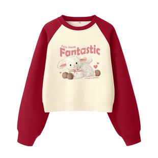 班尼路撞色插肩短款圆领卫衣2025秋季新款减龄宽松日常百搭长T女Q